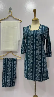 3Pcs Women's Stitched Cotton Lawn Block Printed Suit with Printed Straps thumbnail 3