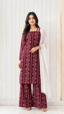 3Pcs Women's Stitched Cotton Lawn Block Printed Suit with Printed Straps thumbnail 2