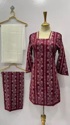 3Pcs Women's Stitched Cotton Lawn Block Printed Suit with Printed Straps thumbnail 3