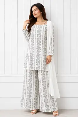 3Pcs Women's Stitched Cotton Lawn Block Printed Suit with Printed Straps