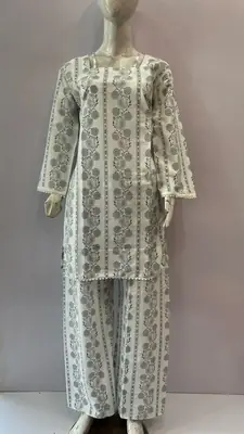 3Pcs Women's Stitched Cotton Lawn Block Printed Suit with Printed Straps thumbnail 3