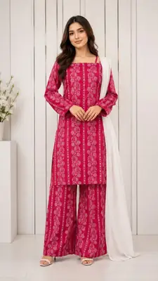 3Pcs Women's Stitched Cotton Lawn Block Printed Suit with Printed Straps