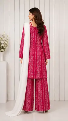 3Pcs Women's Stitched Cotton Lawn Block Printed Suit with Printed Straps thumbnail 2