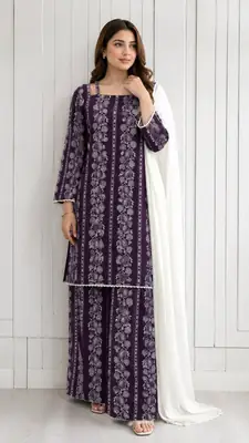 3Pcs Women's Stitched Cotton Lawn Block Printed Suit with Printed Straps