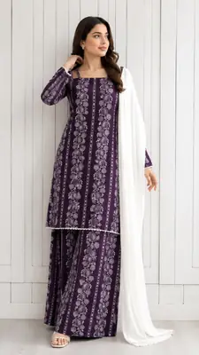 3Pcs Women's Stitched Cotton Lawn Block Printed Suit with Printed Straps thumbnail 3