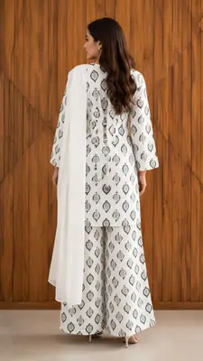 3Pcs Women's Stitched Cotton Lawn Block Printed Suit with Back Straps