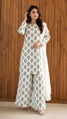 3Pcs Women's Stitched Cotton Lawn Block Printed Suit with Back Straps thumbnail 2