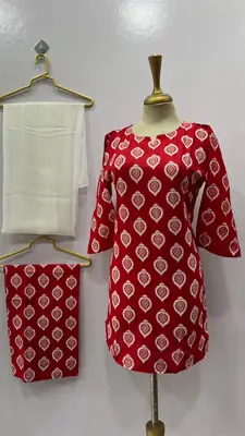 3Pcs Women's Stitched Cotton Lawn Block Printed Suit with Back Straps thumbnail 4