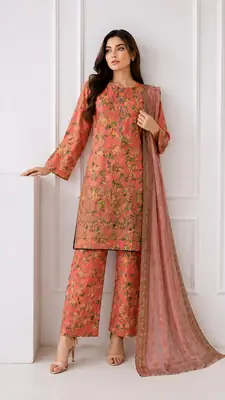 3Pcs Women's Stitched Lawn Embroidered Suit with Printed Shawl