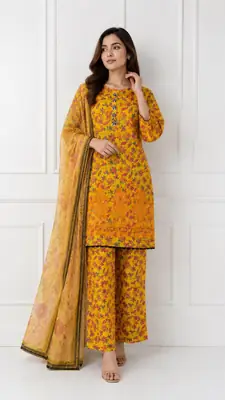 3Pcs Women's Stitched Lawn Embroidered Suit with Printed Shawl