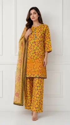 3Pcs Women's Stitched Lawn Embroidered Suit with Printed Shawl thumbnail 2