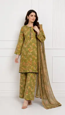 3Pcs Women's Stitched Lawn Embroidered Suit with Printed Shawl