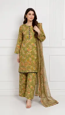 3Pcs Women's Stitched Lawn Embroidered Suit with Printed Shawl thumbnail 2