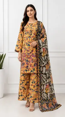 3Pcs Women's Stitched Lawn Embroidered Suit with Printed Shawl