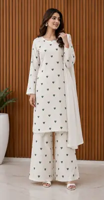 3Pcs Women's Stitched Cotton Printed Suit viral Heart Print thumbnail 2