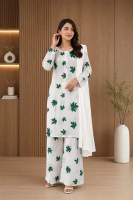 3Pcs Women's Stitched Linen Printed Suit thumbnail 2