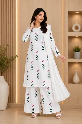 3Pcs Women's Stitched Linen Printed Suit