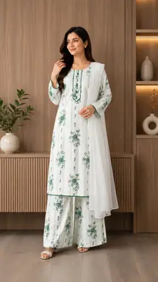 3Pcs Women's Stitched Linen Printed Suit thumbnail 2