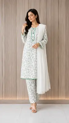 3Pcs Women's Stitched Linen Printed Suit thumbnail 2