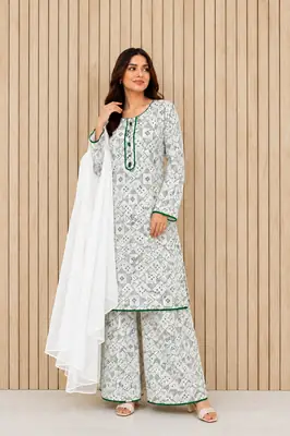 3Pcs Women's Stitched Linen Printed Suit thumbnail 2