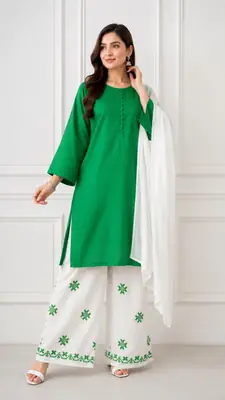 3 Pcs Women's Stitched Cotton Embroidered Suit