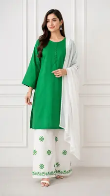 3 Pcs Women's Stitched Cotton Embroidered Suit thumbnail 2