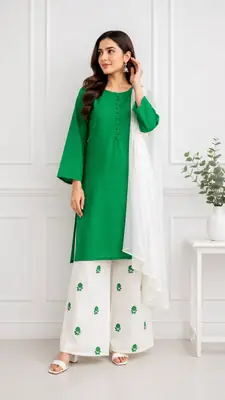 3 Pcs Women's Stitched Cotton Embroidered Suit thumbnail 2