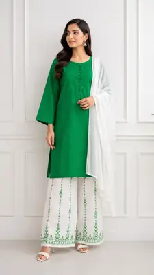3 Pcs Women's Stitched Cotton Embroidered Suit thumbnail 2
