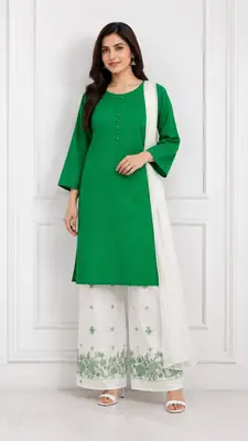 3 Pcs Women's Stitched Cotton Embroidered Suit thumbnail 2