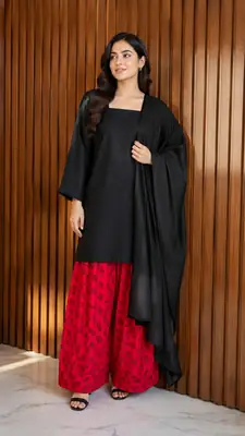 3 Pcs Women's Stitched Cotton Printed Suit with Farshi Shalwar and Dupatta