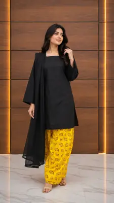 3 Pcs Women's Stitched Cotton Printed Suit with Farshi Shalwar and Dupatta