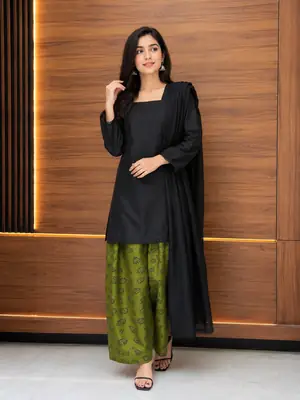 3 Pcs Women's Stitched Cotton Printed Suit with Farshi Shalwar and Dupatta