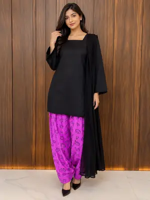 3 Pcs Women's Stitched Cotton Printed Suit with Farshi Shalwar and Dupatta