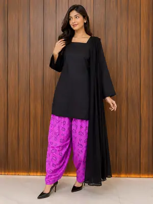 3 Pcs Women's Stitched Cotton Printed Suit with Farshi Shalwar and Dupatta thumbnail 2