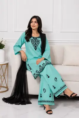 3 Pcs Women's Stitched Cotton Embroidered Suit  thumbnail 2