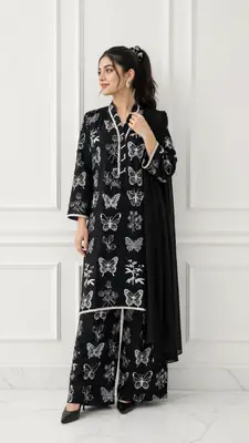 4Pcs Women's Stitched Linen Printed Suit with FREE scrunchie