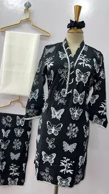 4Pcs Women's Stitched Linen Printed Suit with FREE scrunchie thumbnail 4