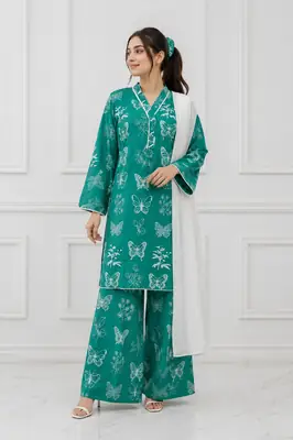 4Pcs Women's Stitched Linen Printed Suit with FREE scrunchie