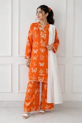 4Pcs Women's Stitched Linen Printed Suit with FREE scrunchie