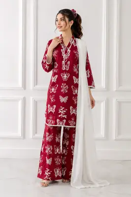 4Pcs Women's Stitched Linen Printed Suit with FREE scrunchie