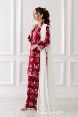 4Pcs Women's Stitched Linen Printed Suit with FREE scrunchie thumbnail 2