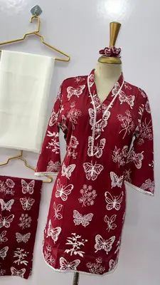 4Pcs Women's Stitched Linen Printed Suit with FREE scrunchie thumbnail 3