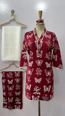 4Pcs Women's Stitched Linen Printed Suit with FREE scrunchie thumbnail 4