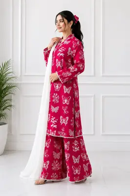 4Pcs Women's Stitched Linen Printed Suit with FREE scrunchie thumbnail 2
