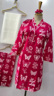 4Pcs Women's Stitched Linen Printed Suit with FREE scrunchie thumbnail 3