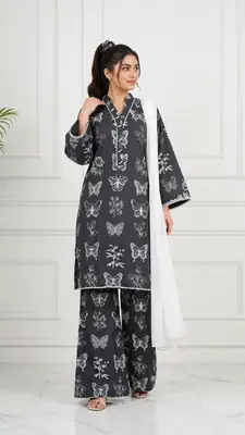 4Pcs Women's Stitched Linen Printed Suit with FREE scrunchie
