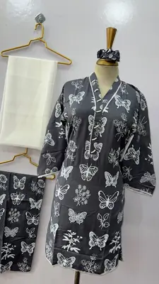 4Pcs Women's Stitched Linen Printed Suit with FREE scrunchie thumbnail 3