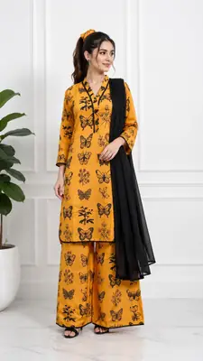 4Pcs Women's Stitched Linen Printed Suit with FREE scrunchie