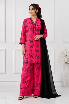 4Pcs Women's Stitched Linen Printed Suit with FREE scrunchie