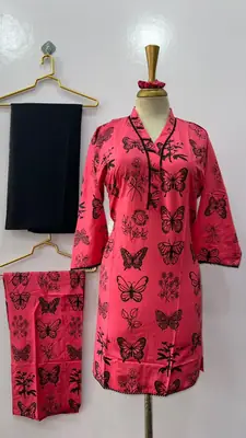4Pcs Women's Stitched Linen Printed Suit with FREE scrunchie thumbnail 4
